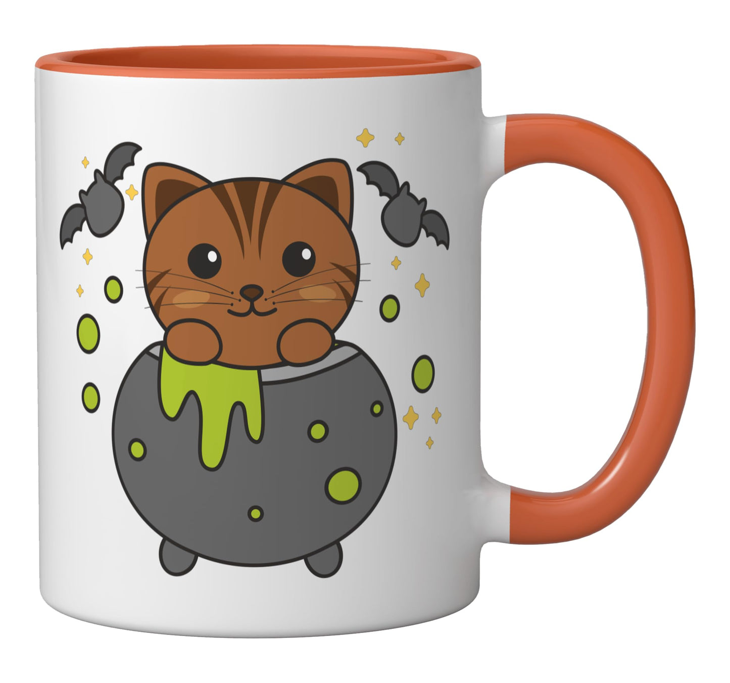Cat Halloween Cauldron Bat Happy Halloween Ceramic Mug, Orange/White
