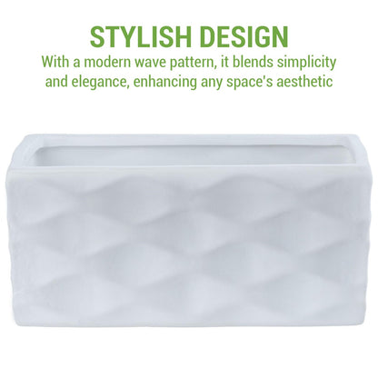 MyGift Modern Wave Pattern White Ceramic Rectangular Planter Pot - Decorative Indoor Flower Container for Home, Office, Patio, and Garden, 8-Inch