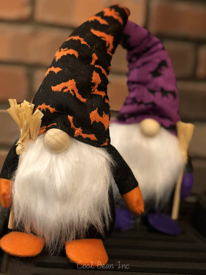 Halloween Gnome 2-Pack – Handmade Orange & Purple Figures with Wooden Broom – 10 Inch Tall Funny Halloween Decoration for Home by Cool Bean Inc