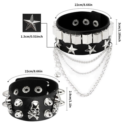 DTUIEUI Punk Set 11pcs Black Leather Cuff Bracelet, Studded, Spiked, Emo, Goth, Spike, Studded Arm Band, 80s Punk Gothic Rocker Halloween Costume Accessories