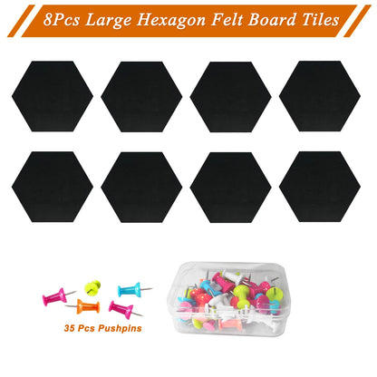 HULAVO Large Hexagon Felt Cork Board Tiles, Self Adhesive DIY Felt Bulletin Board Pin Board with 35 Pushpins for Office School Home Wall Decor Stickers Memos Photos Display(Black)