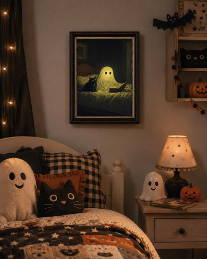 Ghost and Black Cat Wall Art 9x11, Dark Brown Framed Canvas Print, Cute Spooky Reading Ghost Picture, Halloween Bedroom Decor for Cat Lovers
