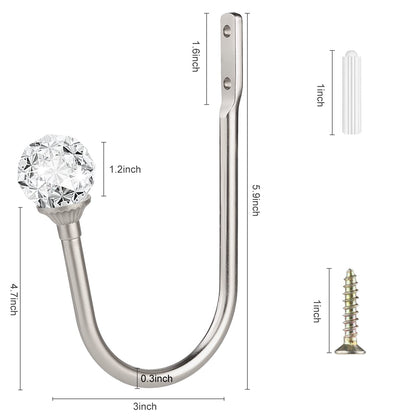 gobutend Curtain Holdbacks, 4 pcs Curtain Tiebacks Hooks for Drapes with Clear Crystal Ball, Wall Mounted Window Curtain Holder for Home Decor, Silver