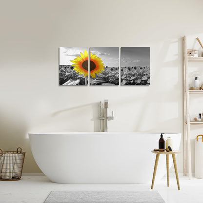 jejeloiu Sunflower Canvas Wall Art for Living Room Bedroom 12"x16"x3pcs Yellow Flowers Picture Wall Decor for Bathroom Black and White Office Decorations Artwork Posters Natural Scenery Painting