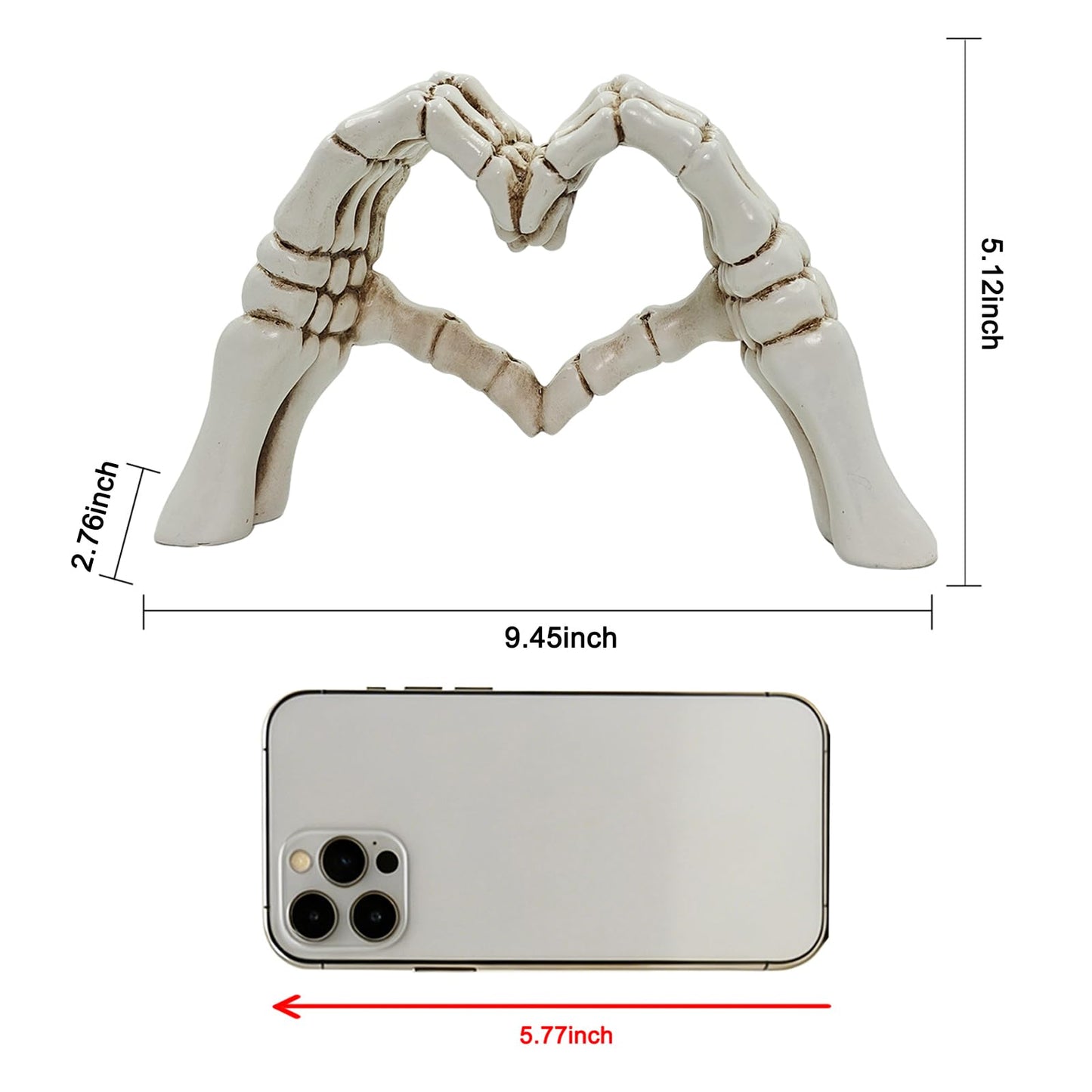 Skeleton Heart Hands Sculpture - 9.45" Gothic Home Decor, White Aesthetic Skeleton Hands Statue for Halloween, Dark Romance Heart Gesture Figurine for Shelf, Desk, Mantle, Macabre Wedding Decor