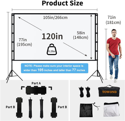 Projector Screen and Stand, Towond 120 inch Portable Projector Screen Indoor Outdoor Movie Screen 16:9 4K HD Wrinkle-Free Lightweight Projection Screen with Carry Bag for Backyard Movie Night