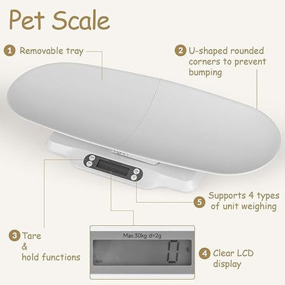 Digital Pet Scales with Detachable Tray – Accurate Baby Weighing Scales for Infants & Toddlers, Clear LCD Display, Tare & Hold Functions, Ideal Puppy Scales for Cats, Dogs, Kittens, Up to 30KG/66LB