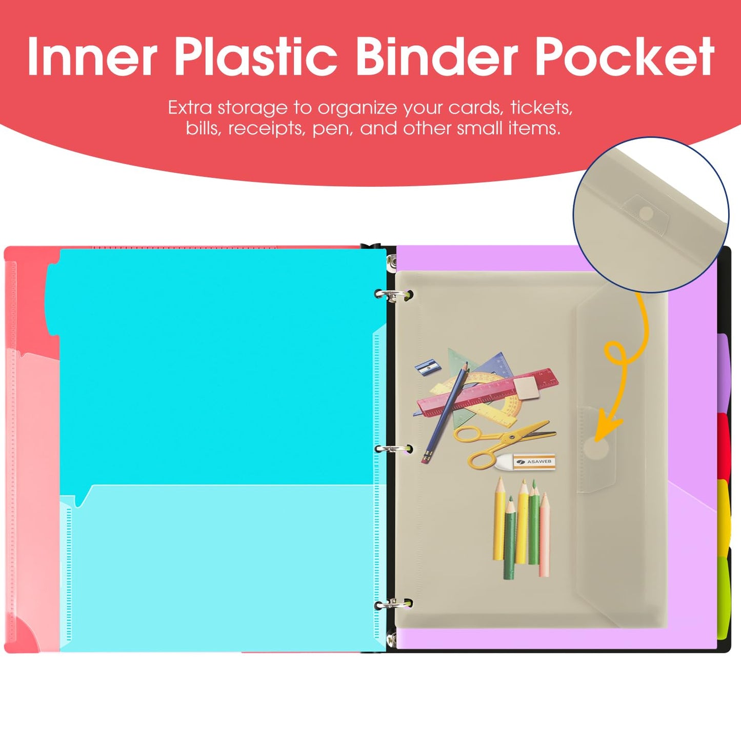 INFUN 1 Inch Telescoping Project Organizer Binder-2PCS,13 Pocket, Customizable Front Cover, 5 Colors Pocket Divider and Plastic Binder Pocket，225 Sheet Capacity-Red