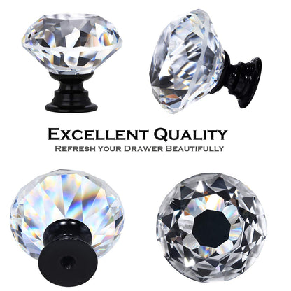 DEELF OUTLET 12 Packs Crystal Cabinet Knobs Drawer Pulls and Knobs Diamond Dresser Handles Crystal Pulls for Drawers - 30 mm Clear Glass Cabinet Knob with Black Base