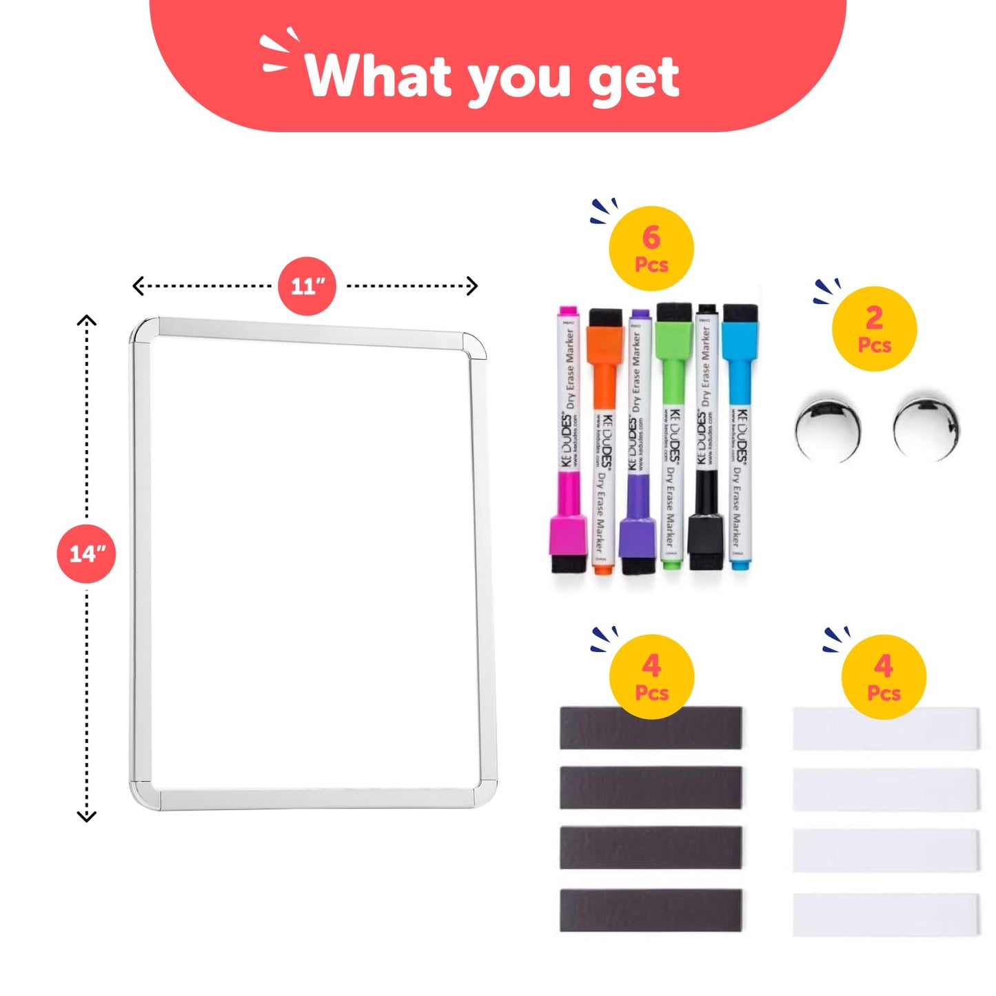 kedudes 11x14 Magnetic Dry Erase White Board - Mini Refrigerator Whiteboard Set - Lightweight Small Personal Memo Boards with 6 Markers - Smooth Surface and Eraser Caps - Fridge and Wall Mountable