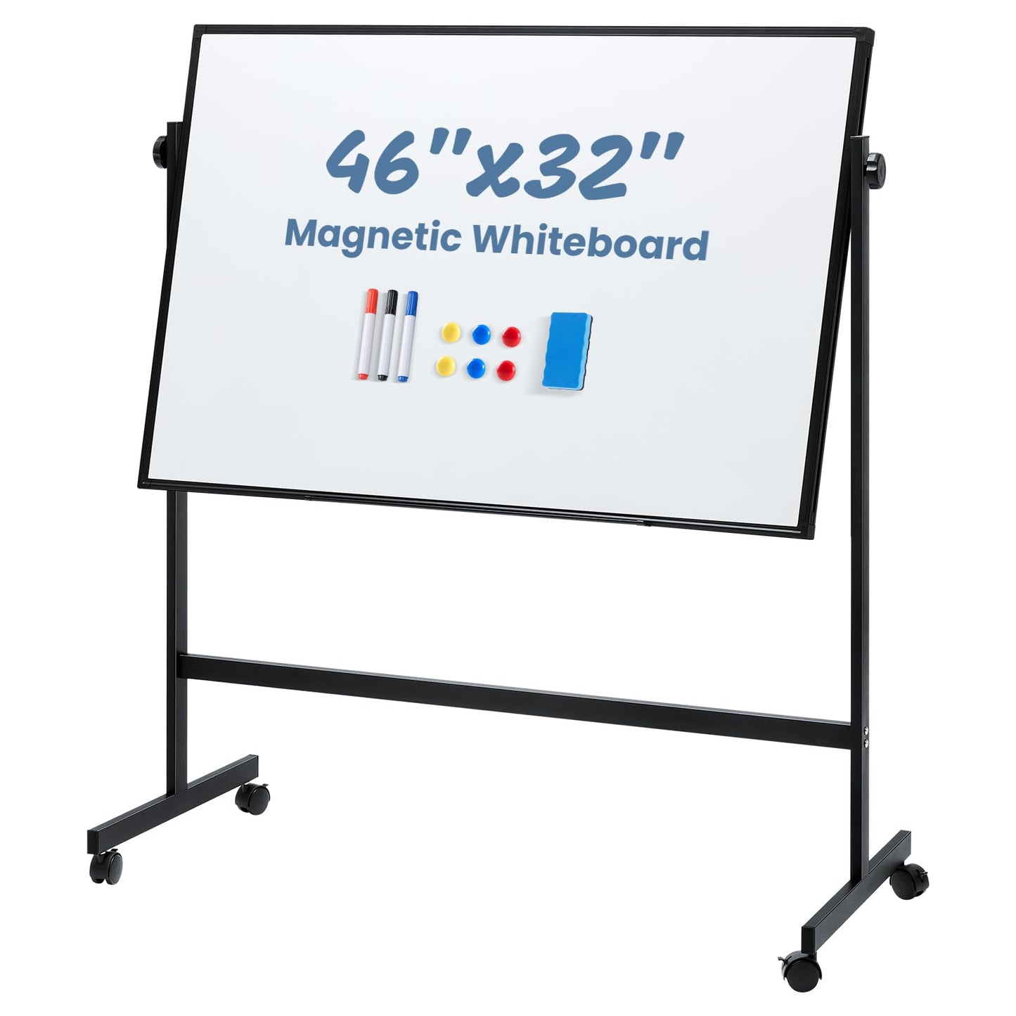 DUMOS Rolling Whiteboard Double Sided 46 x 32 Inches, Magnetic White Board Dry Erase on Wheels, Dry Erase Board with Stand for School, Office and Home, Silver Aluminium Frame, Black