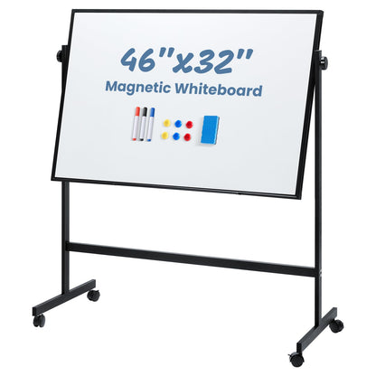 DUMOS Rolling Whiteboard Double Sided 46 x 32 Inches, Magnetic White Board Dry Erase on Wheels, Dry Erase Board with Stand for School, Office and Home, Silver Aluminium Frame, Black