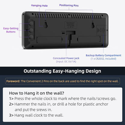 LED Digital Wall Clock with Dynamic RGB Display, Big Digits, Auto-Brightness, 12/24Hr Format, Modern Electric Small Silent Wall Clock for Living Room, Bedroom, Classroom, Farmhouse, Kitchen, Office