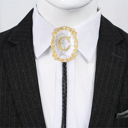 Fibbadet Bolo Tie for Men Initial Letters A-Z Bolo Tie Western Texas Rodeo Cowboy Golden Leather Necktie Necklace Costume Accessories for Husband Wife Halloween Christmas Wedding (C)