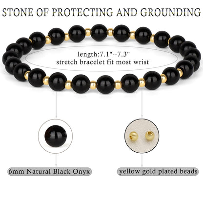 QOGIR Black Onyx - Protecting and Grounding - 14K Gold Plated Beads Natural Gemstone Stretch Elastic Dainty Healing Beaded Bracelets Gifts 6mm