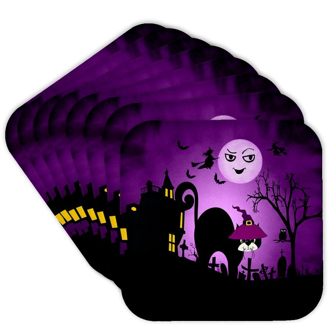 3dRose cst_173233_2 Black Cat in a Witches Hat a Laughing Moon Purple and Black Halloween-Soft Coasters, Set of 8