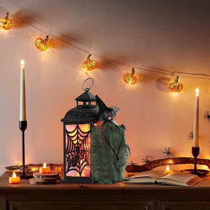 DECORKEY Halloween Decorations Indoor, 14.7" Spider Web Candle Glitter Lantern with LED Lights (8 Modes), Hanging Halloween Lanterns with Witch, Outdoor Home Room Table Party Hocus Pocus Decor
