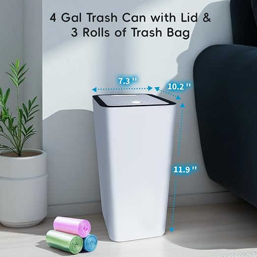 Lysam Small Trash Can, 3 Pack 4 Gallons Bathroom Garbage Can with Lid Press-Top, Small Waste Basket with Trash Bags, Slim Plastic Garbage Bin for Dorm, Office, Bedroom, Kitchen, Living Room (White)