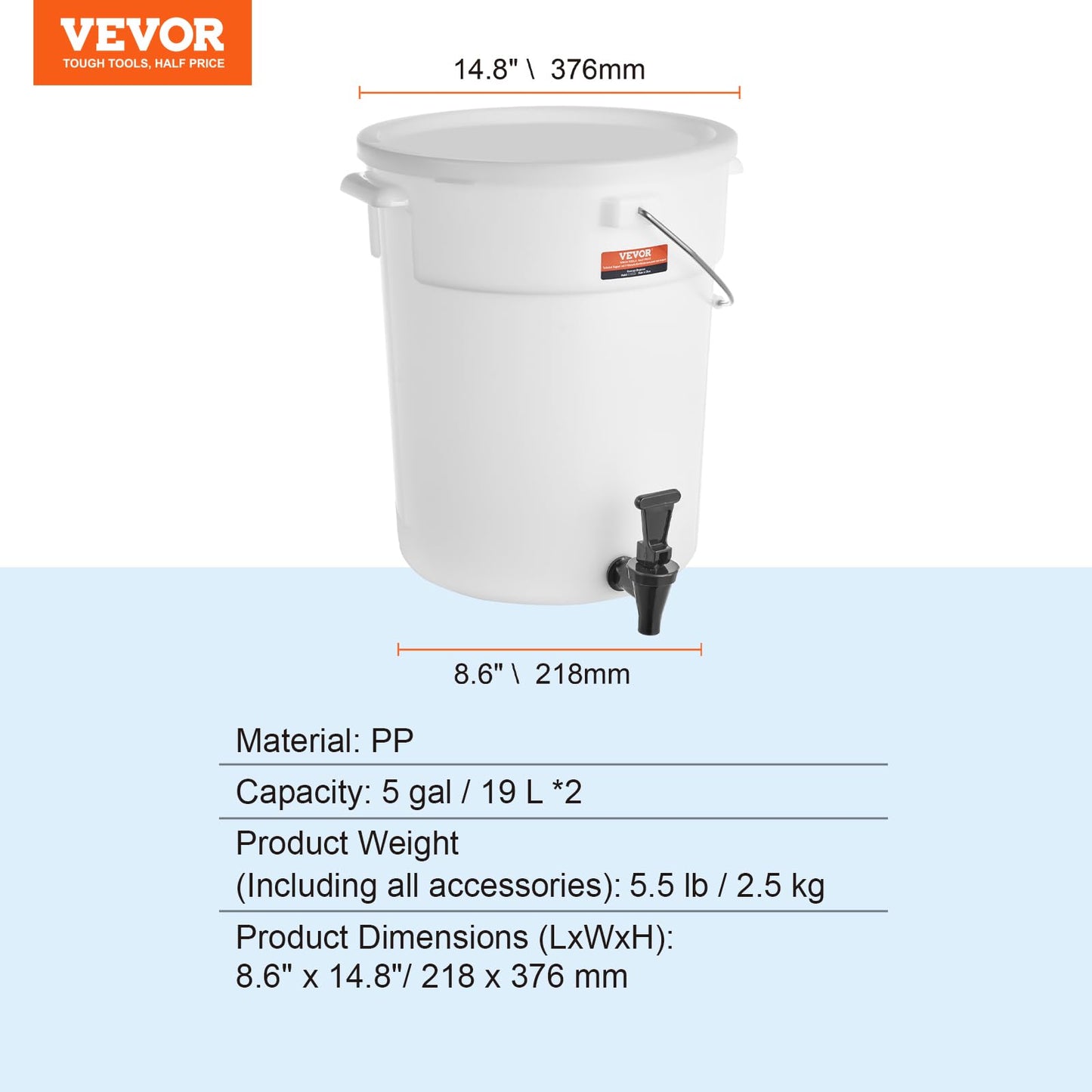VEVOR Beverage Dispenser, 5 Gallon *2 Drink Dispensers for Parties, Plastic Juice Dispenser with Spigot and Lid, Iced Tea Lemonade Juice Water Dispenser, for Restaurants, Hotels, Parties, 2 Pack