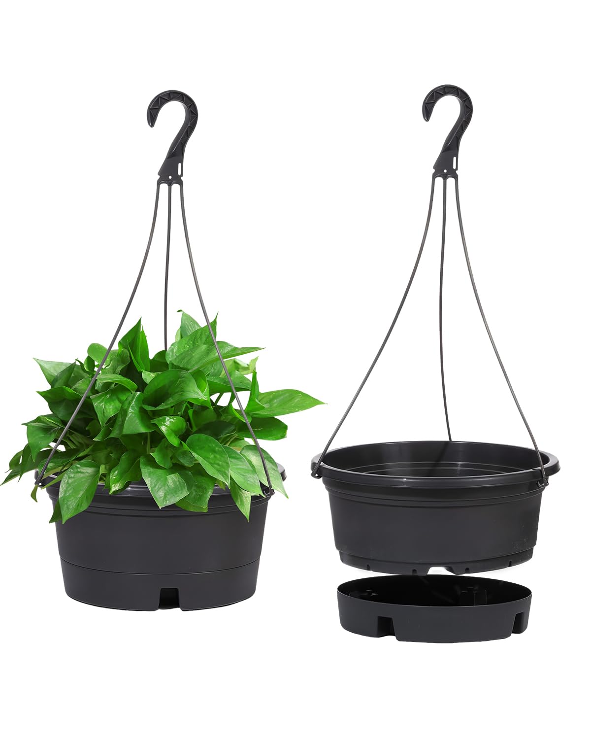 VIDELLY 12 Inch Large Hanging Planters for Indoor Plants,2 Pack Plastic Hanging Basket Pots with Drainage Trays & Chain Holders for Outdoor Indoor Plants Garden Balcony Decoration (Dark Gray)