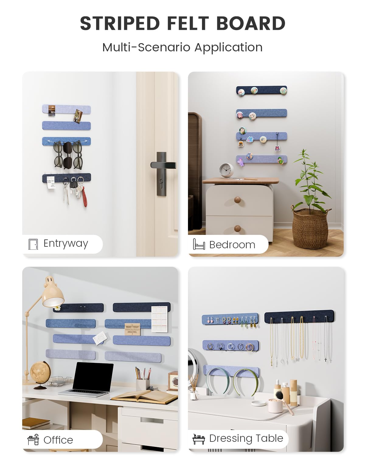 Fluxynara Cork Board Alternative Felt Strip Board 8-Pack 13"x2", Office Pin Board with 50 Push Pins, Adhesive Install for Bedroom Door & Home Office (Denim Mist)
