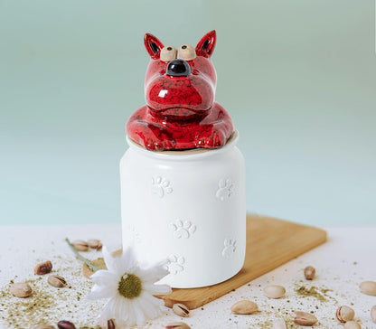 GABROC Dog Cookie Jar with Airtight Sealing Lid Matte White Ceramic Candy Jar with Lid– Cute Cartoon Dog Shape, Red‑Black Glaze Artistry