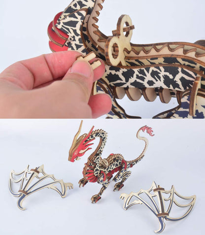 Bitopbi 3D Wooden Puzzles Laser Engraving DIY Safe Assembly Constructor Kit Toy for Teens and Adults World Animal Mechanical 3-D Models for Self-Assembly (Flying Dragon)