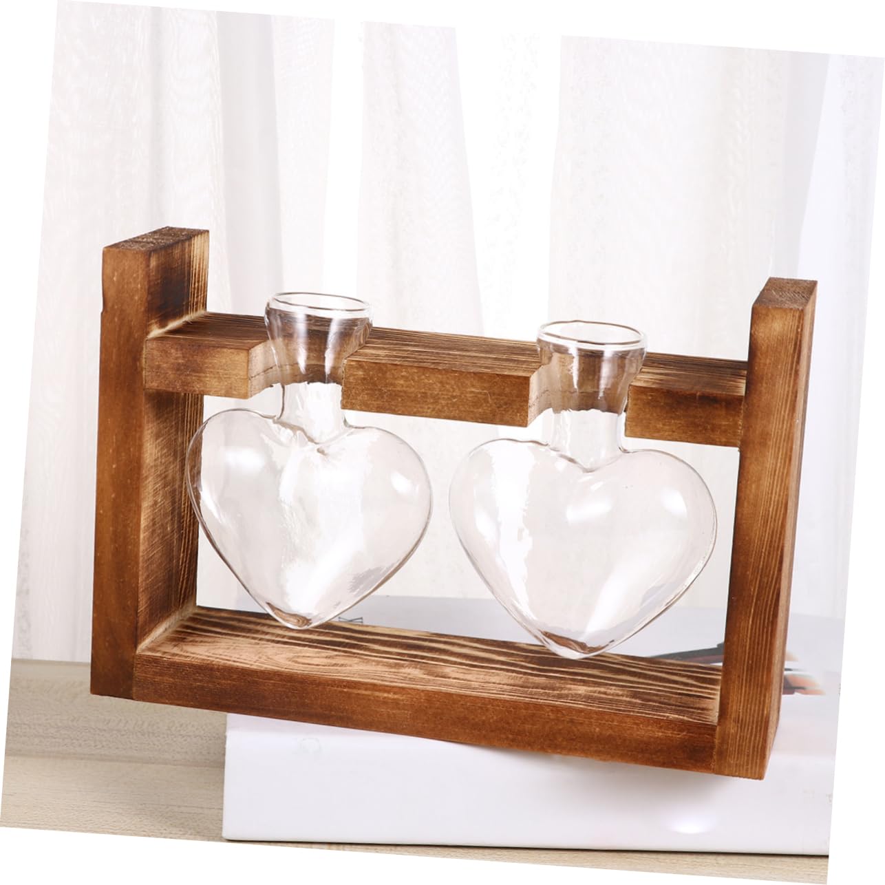 PRETYZOOM 2Pcs Retro Heart Shaped Hydroponics Planter with Wooden Rack Glass Vases for Flower Arrangement and Green Plant Propagation Temperature Resistant Decorative Terrarium for Home