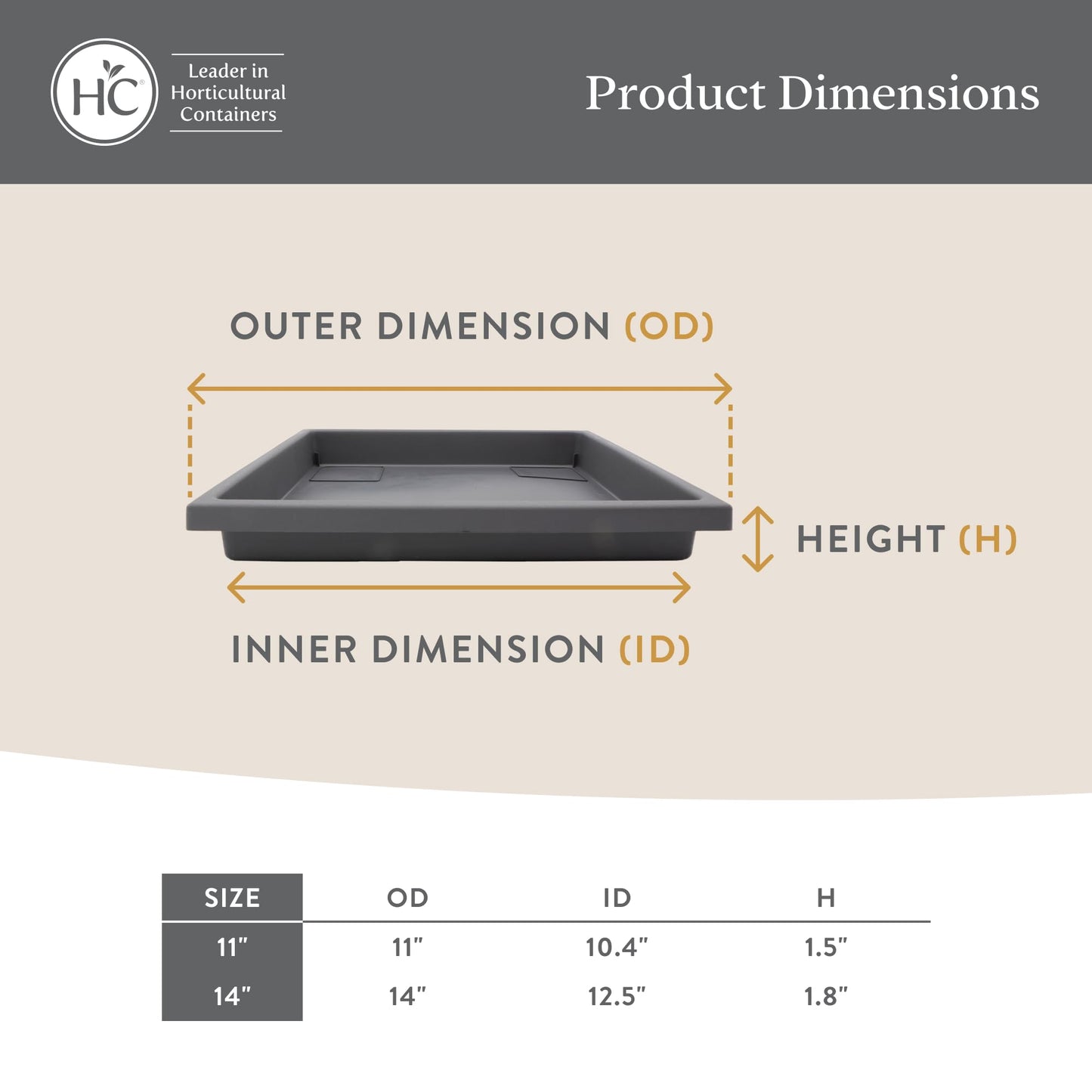 The HC Companies 11 Inch Accent Square Plant Saucer, Lightweight UV-Resistant Plastic Outdoor & Indoor Flower Pot Tray, 2-Pack Plant Pot Trays for Garden & Home Decor, Warm Gray