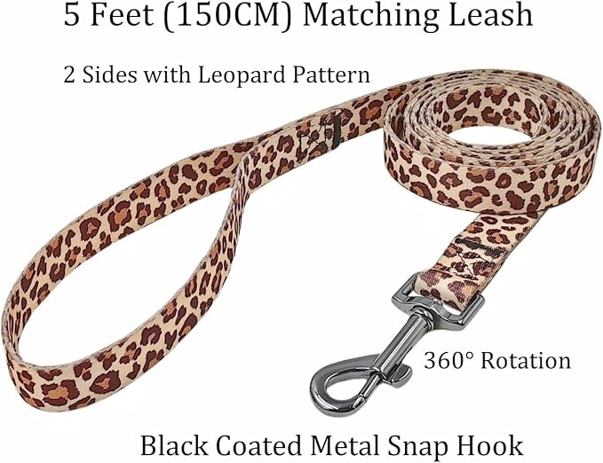 Dog Collar Leash Set, Leopard Pattern, Polyester Material, Adjustable Collar and 5ft Matching Leash, for Large Dogs.(L, Light Coffee Leopard)