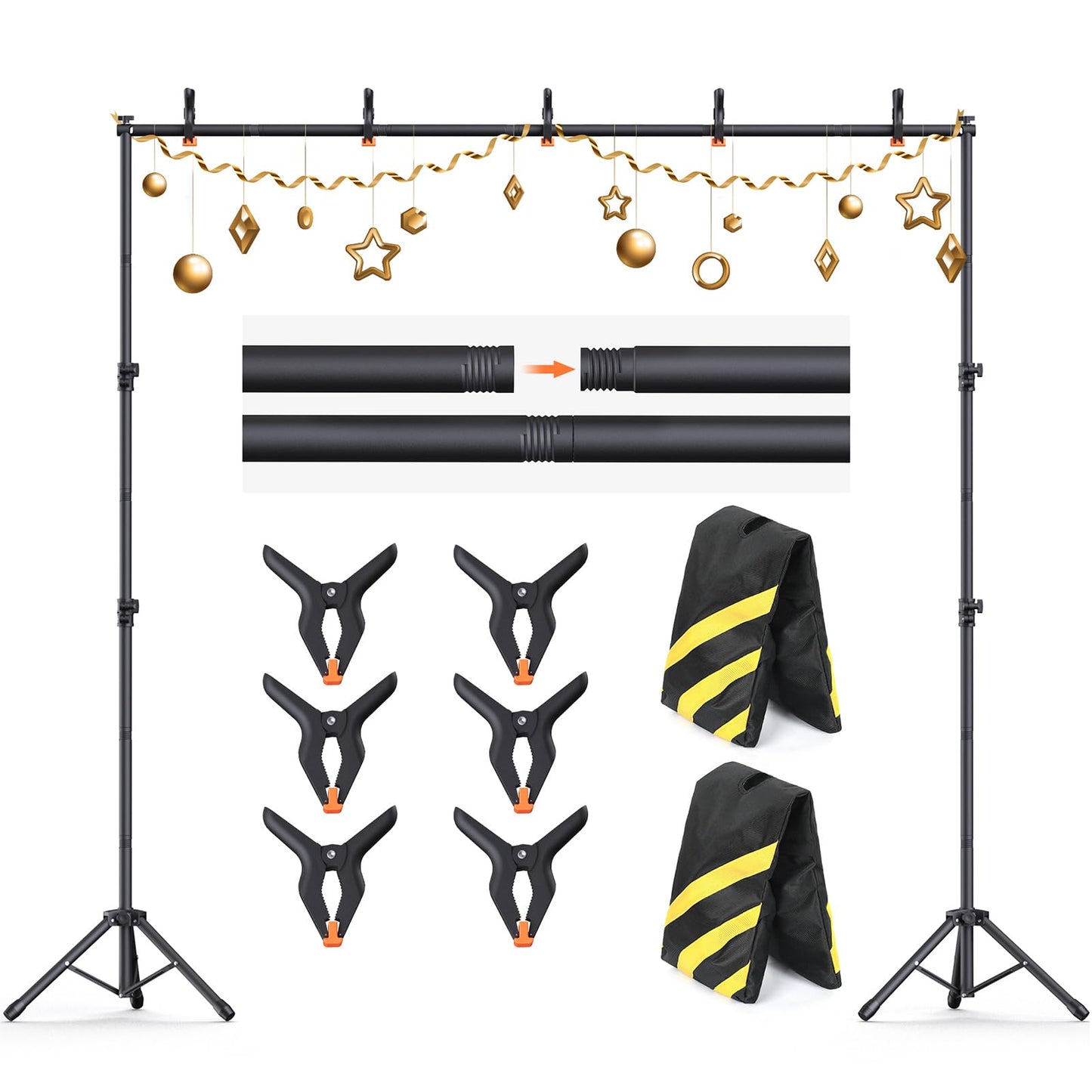 Backdrop Stand 10×8ft (W×H) Adjustable Backdrop Support Ground Kit Photography Photo Shoot Backdrop Stand for Parties with Sandbags, Spring Clips, Carrying Bag