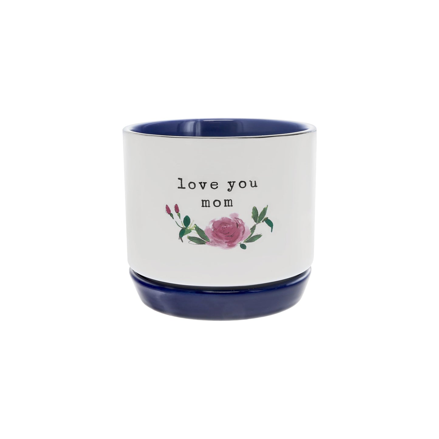 Pavilion Gift Company - Mom - Planter with Attached Dish, Ceramic Planter with Drainage Hole, Succulent Orchid Flower Pot, Unique, 1 Count (Pack of 1), 4.75 x 4.25 inches