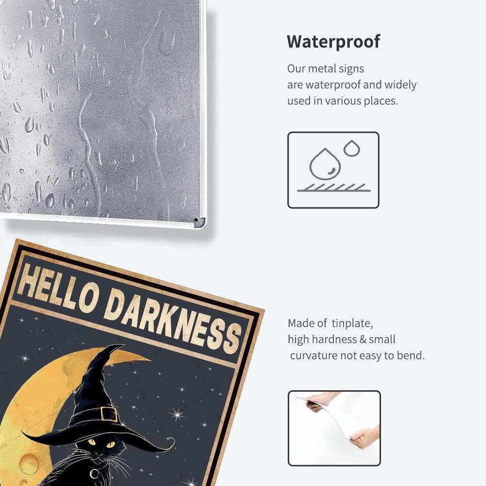 Black Cat Witch Halloween Metal Tin Sign - Hello Darkness My Old Friend Retro Wall Decor 12x16 Inch for Home, Bar, Kitchen, Hotel & Coffee Shop