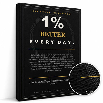 PJQART Inspirational Posters for Office 1 Percent Improvement Quote Wall Art, Black Gold Canvas Poster for Home Office Dorm Classroom, Single Panel Framed Decor 24x18 Inch