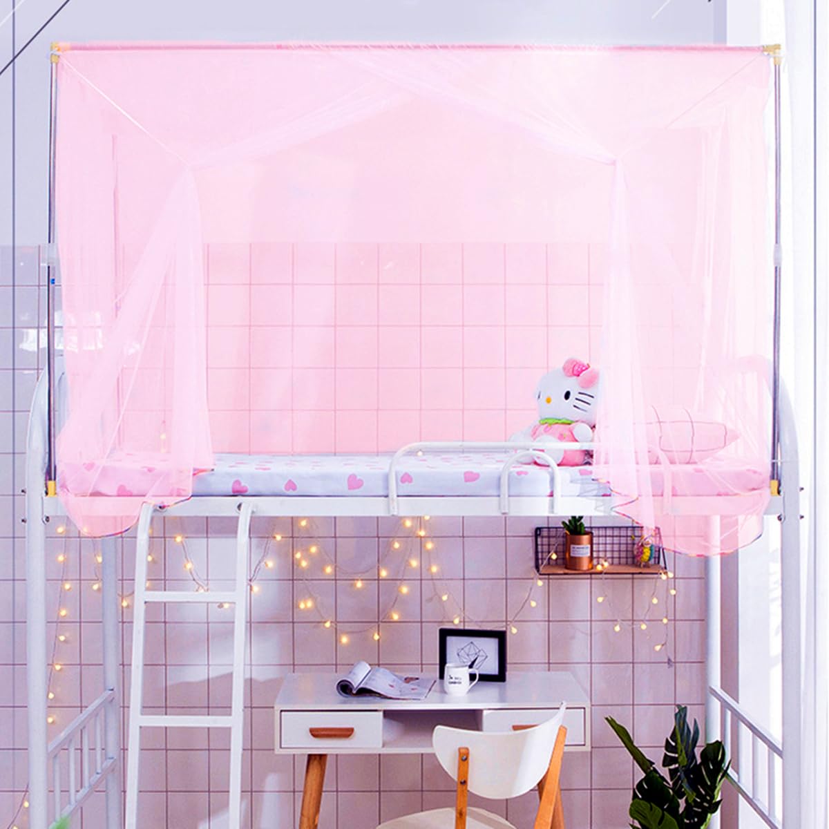 Eimilaly 8 Corner Bed Canopy Curtains for Girls Boys, Dormitory, Loft, 1-1.8M Bed, Outdoor Camping - Pink