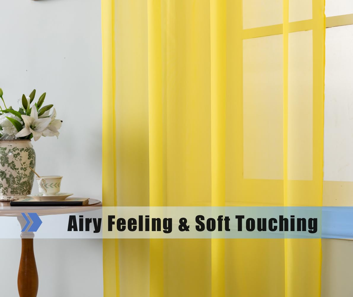 WPM Yellow Sheer Curtains 58" Wide x 63" Long 2 Panels Livingroom Window Treatment Rod Pocket Sheer Voile for Bedroom, Kitchen, Children Room Fully Stitched and Hemmed