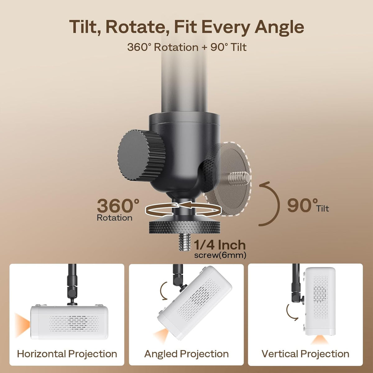 Aurzen Ceiling Projector Mount Bracket, 360° Rotation & 90° Tilt, Adjustable 9"-15" Length, ¼-Inch Screw, Compatible with TMY, HAPPRUN, Yaber, Epson & Most Projectors for Ceiling/Wall Use
