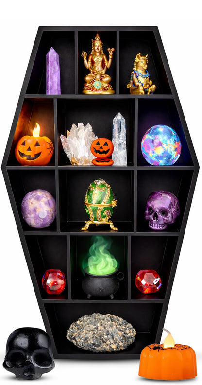 Gothic Curiosities Curio Coffin Shelf - Wooden Goth Decor for Display or Storage of Shot Glasses, Mini Figures, Rocks, and More - 17 by 9.75 by 2.75 Inches