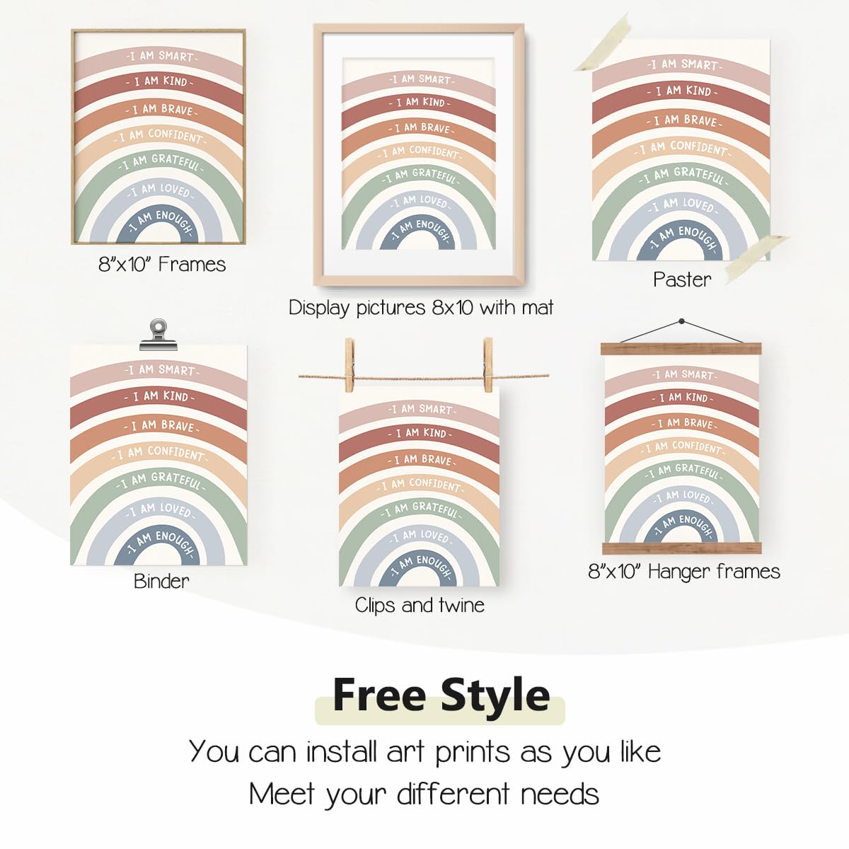 PLKMN Boho Rainbow Wall Art, Positive Affirmations Prints for Kids Room, Nursery, Classroom, Teacher Gifts, 10x8 Inch, Set of 4 Unframed