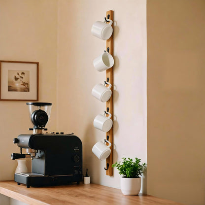 Yohsnor Wall-Mounted Coffee Mug Rack - 6-Hook Solid Wood Cup Holder for Kitchen Cabinet, Space-Saving Tea Bar Organizer with Rustic Decor (Vertical Rectangle Design)