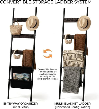 Blanket Ladder, 5 Tier Towel Rack, Wall-Leaning Blanket Rack for Living Room, Decorative Ladder with 4 Hooks and Magazine Pocket 17.3" L x 63" H - Black