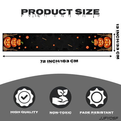 JJFYOSF Halloween Table Runner - Stacked Jack-O’-Lantern Pumpkins with Witch Broom Design, Spooky Pumpkin Dining Table Decoration for Halloween Party & Home Décor 13x72 Inch (Pumpkin & Broom)
