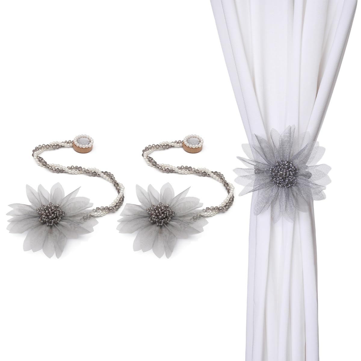 SUQ I OME 2 Pack of Handmade Crystal Pearl Beaded Magnetic Flower Curtain Tieback Holdback for Drapes（Gray