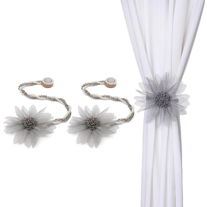 SUQ I OME 2 Pack of Handmade Crystal Pearl Beaded Magnetic Flower Curtain Tieback Holdback for Drapes（Gray