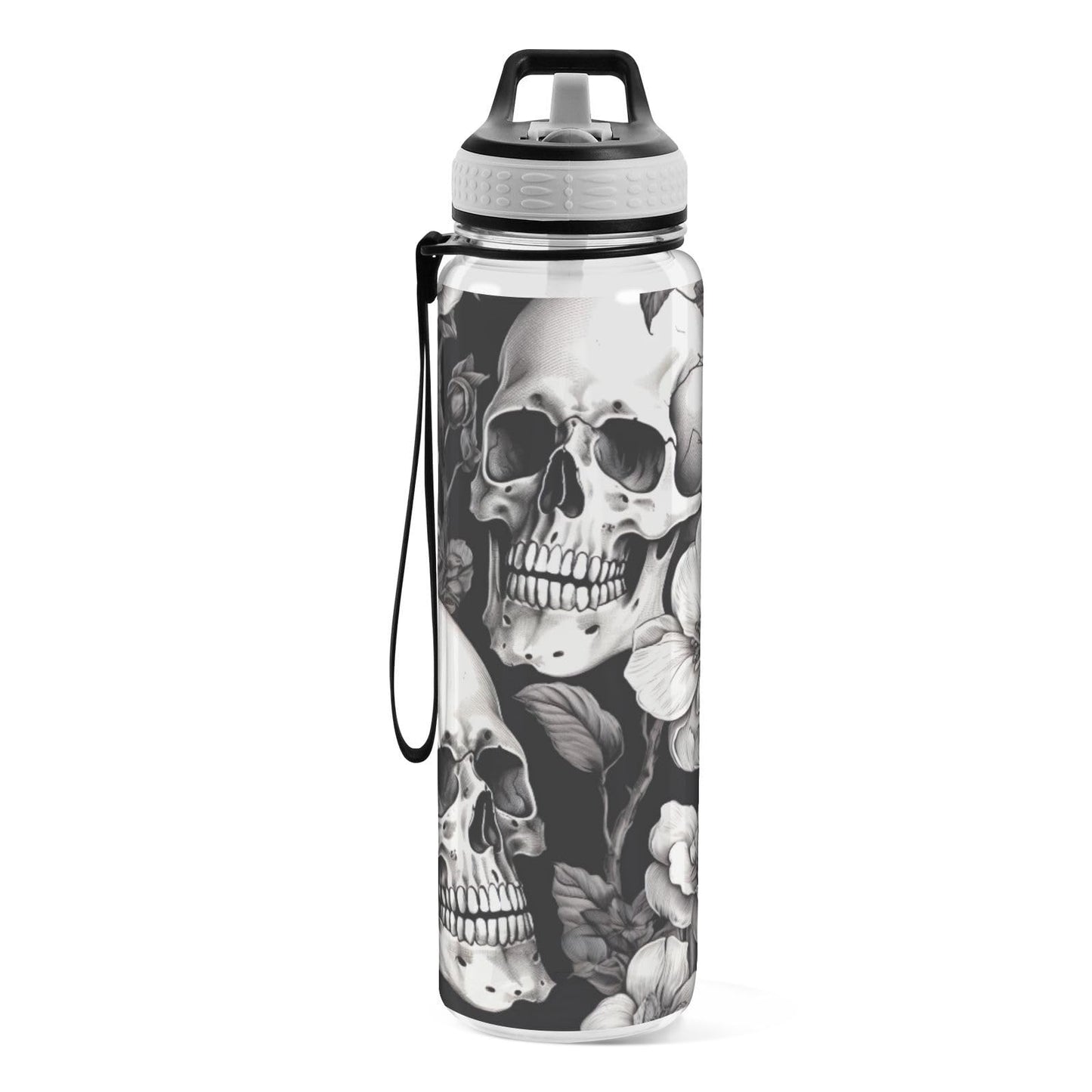 GOODOLD White Skull 32 oz Water Bottle - Clear Tritan, BPA-Free, LeakProof with Carry Strap for Sports, Gym & Outdoor Activities