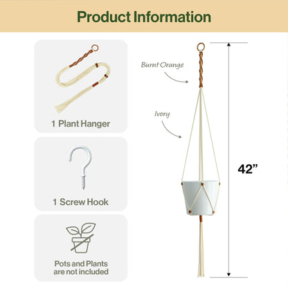 LET BE Macrame Plant Hanger Polyester Rope 42 Inch Outdoor Indoor Adjustable Hanging Planter for up to 10 Inch Plant Pot Modern Boho Home Decor (1, Ivory/Burnt Orange)