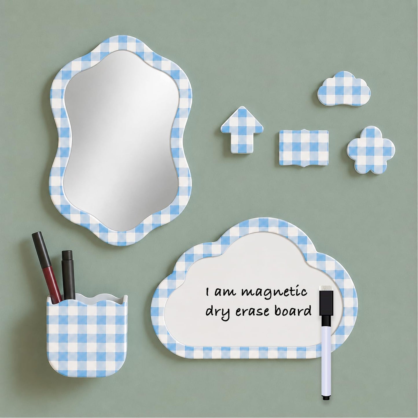 Svartur Magnetic Locker Accessories Set - Locker Mirror, Dry Erase Whiteboard, Magnetic Pen Holder & Cute Magnets, Aesthetic School Locker Decor for Girls, Locker Organizer Kit, Blue