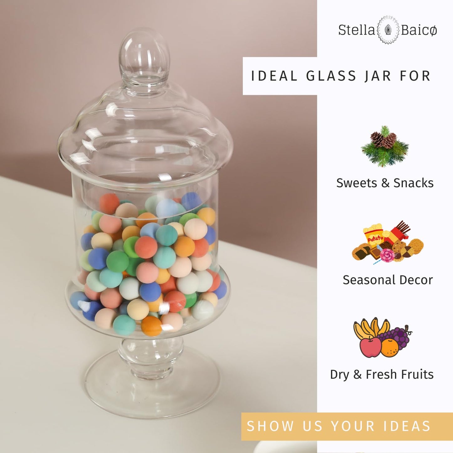 Stella Baic Clear Glass Apothecary Jar, Glass Candy Jar with Lid, Classic Footed Glass Jar, Elegant Decorative Jar (Height: 12", Diameter: 6")