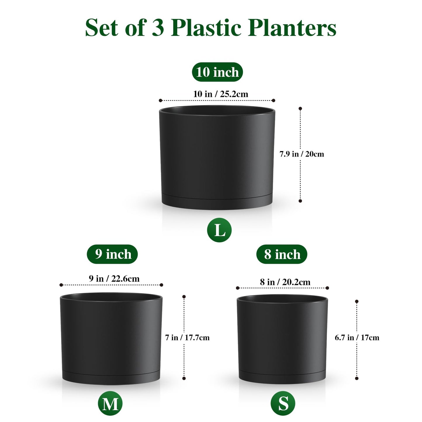 KUGAZ Plant Pots, 10/9/8 Inch 3 Pack Cylindrical Flower Pots with Drainage Holes and Saucers, Plastic Planters for Outdoor Indoor Plants,Black