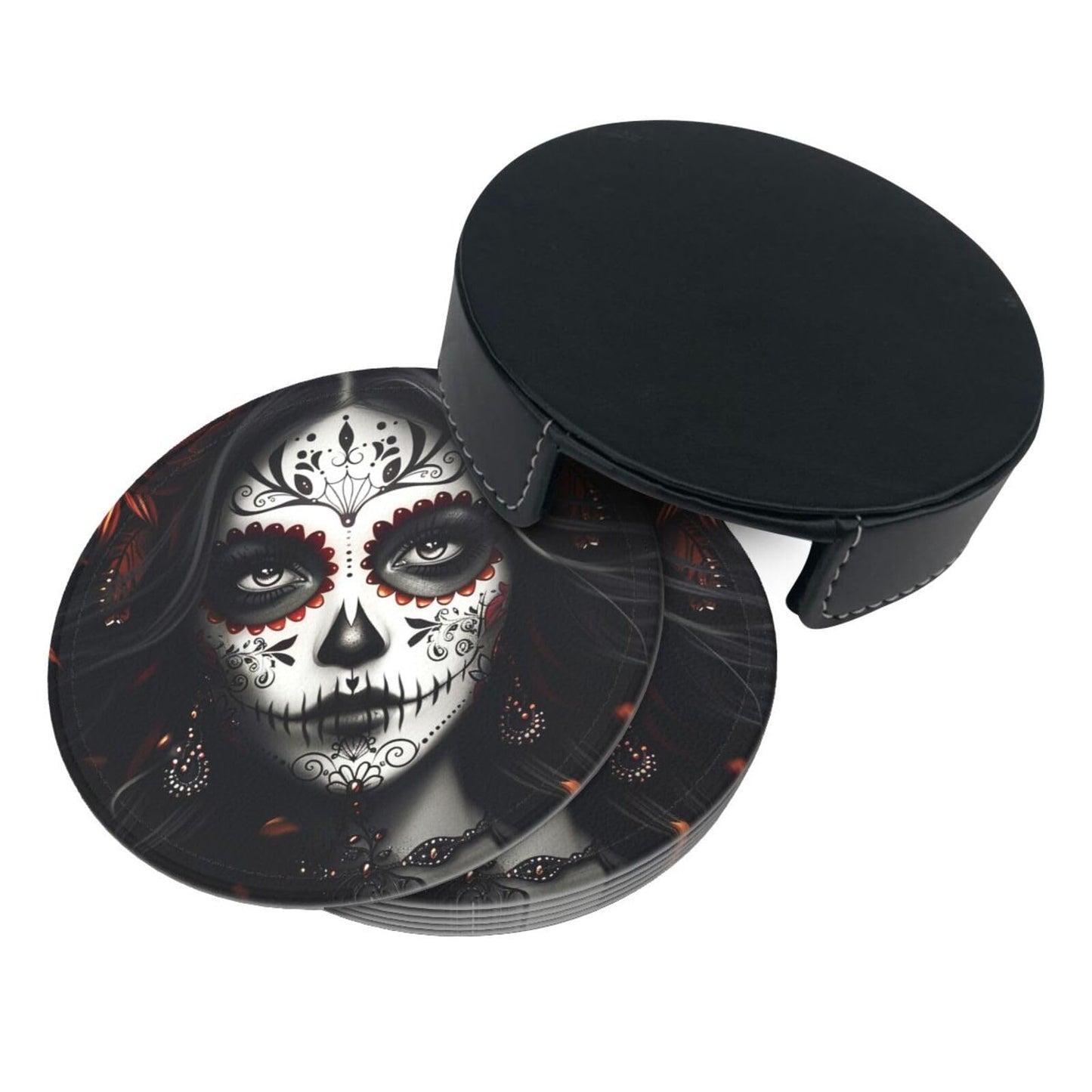 Sugar Skull Coasters with Holder Leather Coasters for Drinks Set of 6 Funny Halloween Drink Coasters Sets for Living Room Kitchen Coffee Bar Holiday Decor